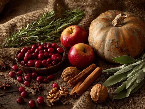 Photorealistic collection of fresh Thanksgiving ingredients including cranberries, pumpkin, rosemary, sage, apples, cinnamon and walnuts arranged naturally on rustic linen, detailed food photography