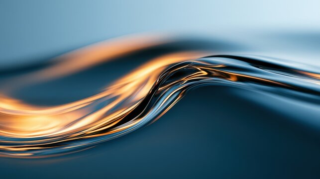 Abstract flowing liquid wave with golden and blue reflections under soft studio lighting. Dynamic fluid background for modern tech design.
