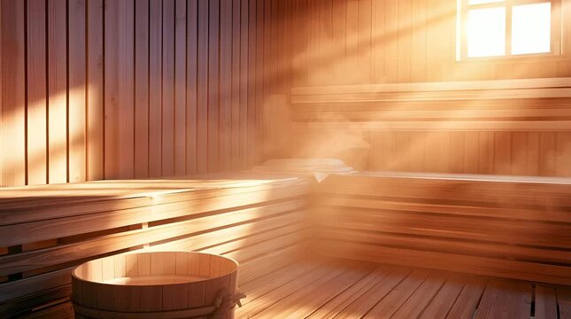 Wooden sauna interior with soft steam and sunlight