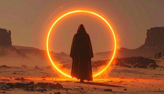 Dark hooded phantom floating inside glowing orange circular portal above barren futuristic wasteland