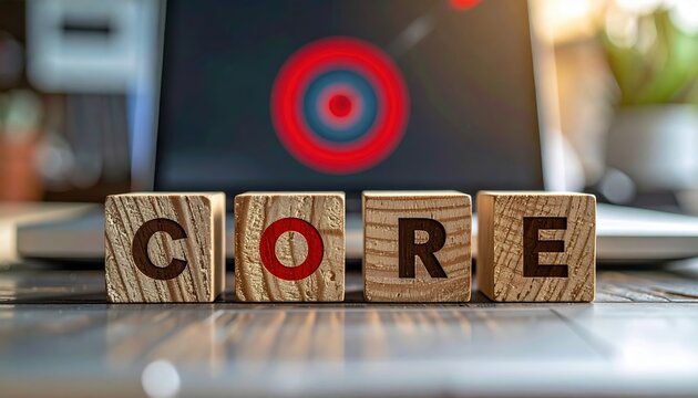 Four square timber blocks spelling CORE with red archery target symbol beside modern laptop computer