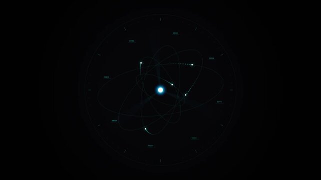 Glowing futuristic atomic structure with electron particles orbiting central nucleus