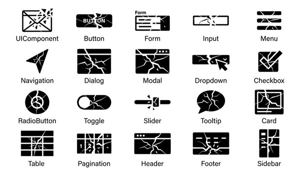 UI UX design interface icon set featuring buttons, forms, navigation, dialogs, modals, dropdowns, checkboxes, sliders, tooltips, cards, tables, pagination, headers, footers, sidebars, and modern web a