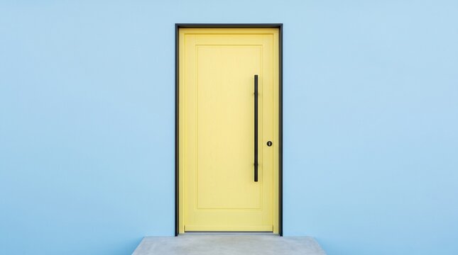 Vibrant yellow modern front door with a long black handle set against a light blue wall background.