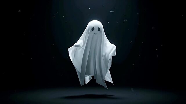Cute friendly ghost character floating in the dark
