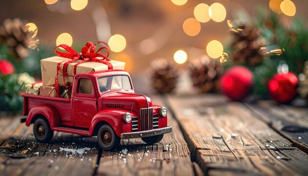 Vintage red toy pickup truck carrying wrapped holiday gift across wooden planks surrounded by festive decorations