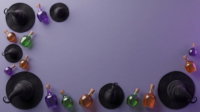 Flat lay of Halloween witch hats and magic potion bottles with glowing colorful liquids arranged on a purple background with copy space for holiday design