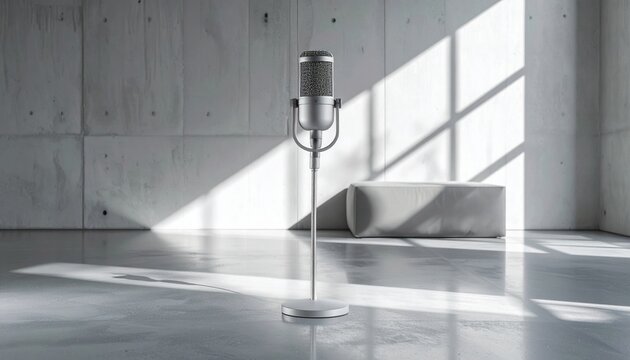 Professional silver podcast microphone hovering above polished concrete floor in minimalist modern room