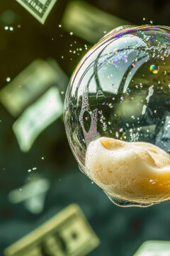 A illustration of a bubble filled with lots of money floating in the air, perfect for use in financial or business-related contexts vertical frame