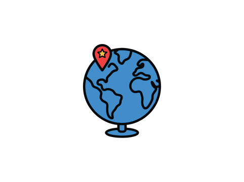 Blue Globe With Location Pin And Star Marker Isolated Vector Illustration
