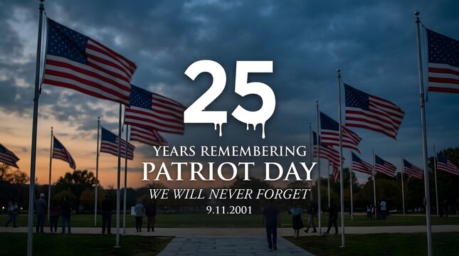 Patriot day memorial background with twenty five years since september 11 with american flags at sunset
