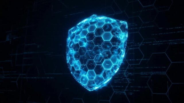 A vibrant, glowing, translucent hexagonal shield powerfully deflecting a violent stream of fiery red particles, representing robust digital cybersecurity defense.