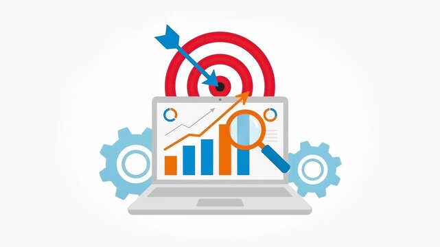 Laptop with Business Analytics Charts and Target Icon for Digital Marketing Strategy Concept