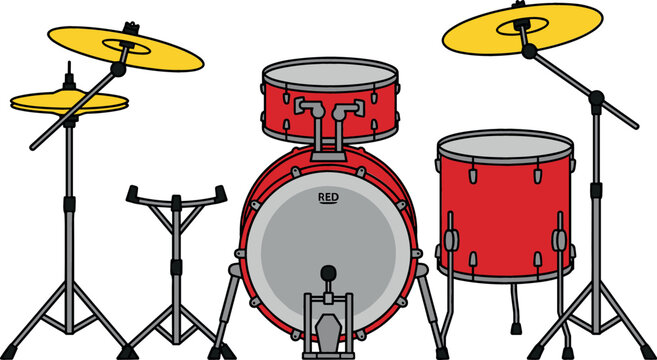 Red Acoustic Drum Kit Vector Illustration with Cymbals and Hardware Stands Isolated on White Background for Rock Music Concert Posters and Band Graphic Designs