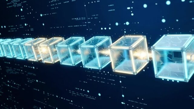 Glowing translucent cubes with intricate circuit patterns link together, representing a futuristic blockchain network and digital data flow.