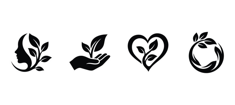 Black and white eco friendly icons featuring hands, leaves, and hearts for sustainable living concepts