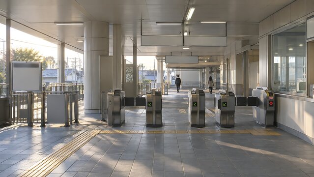 Sunlit station concourse with ticket gates and only a few distant commuters in the early morning
