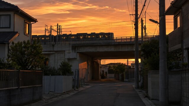 Sunset sky and a train silhouette on an elevated railway above a quiet residential road under the viaduct