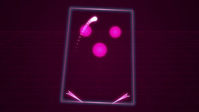 Retro arcade pinball machine glowing with neon pink digital light beams