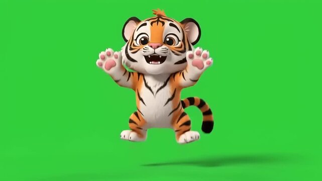 Animated cute animal cub joyfully dancing on a green screen background for easy integration