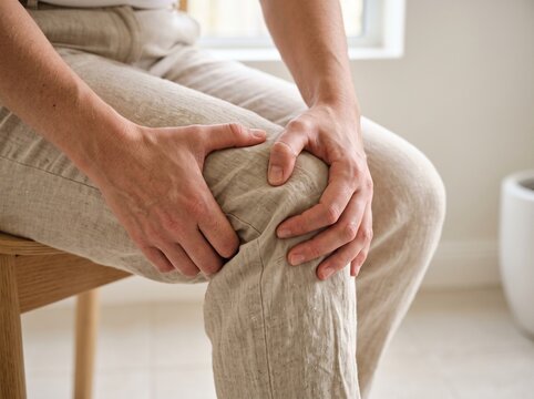 Knee joint pain, minimalist background.