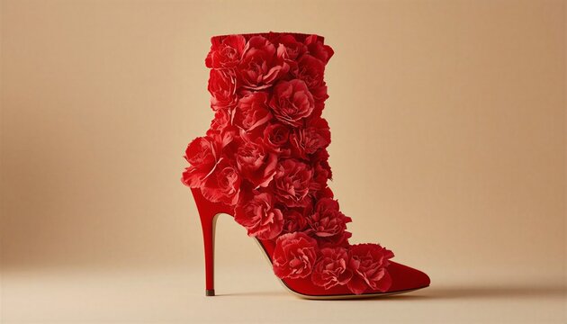 Commercial product photography of a luxury women's high heel ankle boot intricately crafted from vibrant red carnation petals, unique creative floral fashion footwear on a minimal beige background

