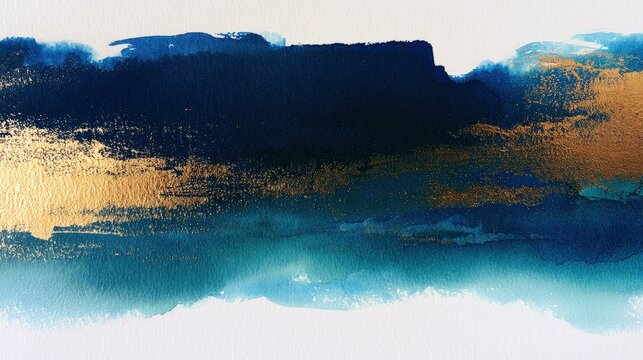 Deep blue and metallic gold watercolor paint stroke texture on paper. Use as an elegant artistic background for luxury design projects.