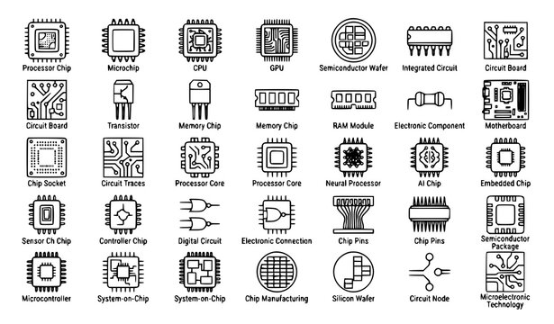 Computer chip and semiconductor thin line outline icons set with CPU microprocessor circuit and electronic symbols