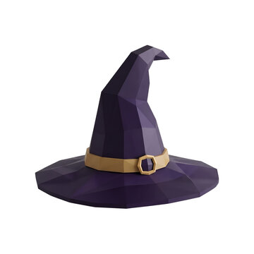 Low Poly Purple Witch Hat 3D Render Halloween Wizard Costume Accessory Transparent Background
