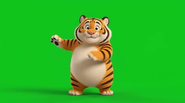 Cute chubby tiger animal performing energetic dance moves on green screen