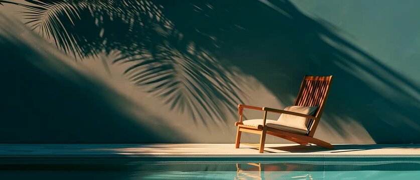 Empty lounge chair by pool with palm leaf shadows