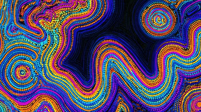 Vibrant abstract pattern of colorful swirling dots on a dark background. This rhythmic design symbolizes connectivity and creative flow for modern artistic backgrounds.