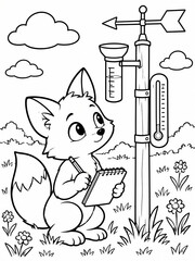 Obraz premium Cute cartoon fox meteorologist recording weather data at station, kids educational science activity book coloring page vector