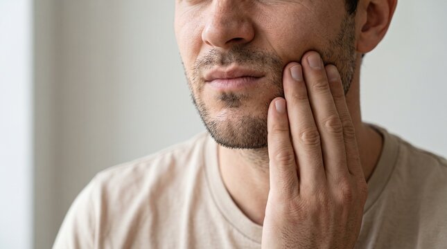 Close-up of the jaw and hand; pressing the side of the jaw due to a toothache; fingers touching the cheek; blurred background.