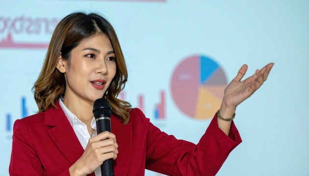Female executive in red blazer speaking into microphone during corporate financial presentation