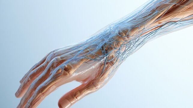 3D medical illustration showing human hand anatomy with visible blue veins and skin. Ideal for healthcare education and clinical research presentations.