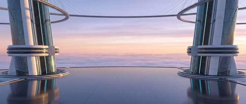 Futuristic Architecture Sky Bridge Observation Deck with Cyberpunk Columns Overlooking Cloudscape at Sunset   