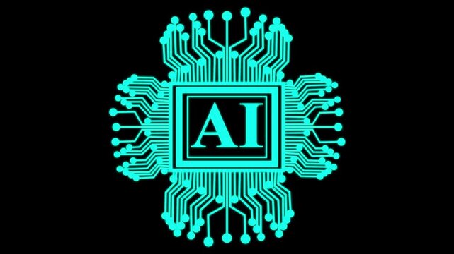 AI chip icon symbolizes artificial intelligence technology on black background. technology loading animation with processor icon shape. 4k motion video.