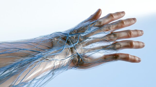 3D medical illustration of a human hand showing bones and blue circulatory system veins against a light background. Concept for anatomy or healthcare education.
