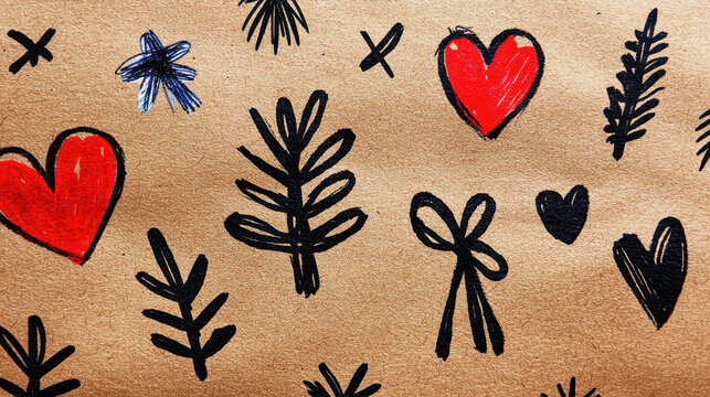 Colorful doodles of hearts, leaves, and flowers on brown paper create playful and artistic vibe