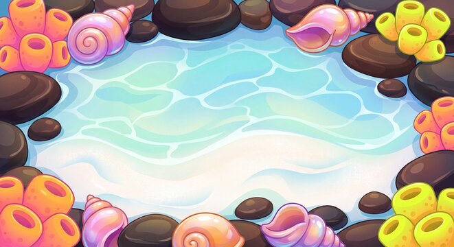 Tropical Tidal Pool Frame with Turquoise Ocean Water Sea Pebbles Corals and Iridescent Seashells   