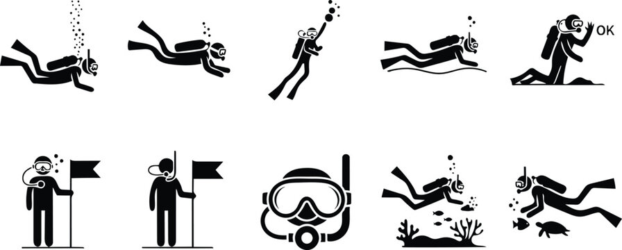 Scuba diver and underwater activity icon set showing snorkeling exploration and marine life observation for diving sports and oceanic tourism promotional media.