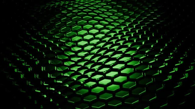Green background with waving field of glass tiles with bright gradient light and deep shadows. Abstract floating structure of hexagonal crystal elements. Motion graphics , seamless VJ loop , 4K 60fps
