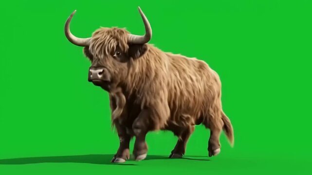 Furry yak animal dance performance isolated on green screen background