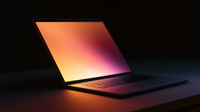 A sleek laptop with a glowing sunset gradient screen sits in a dark room. This modern device mockup serves technology or creative digital media concepts.