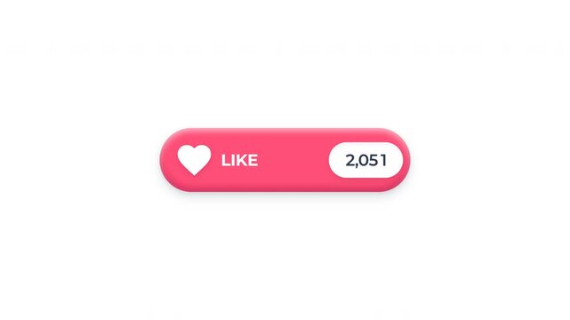 Premium 3D social media like button animation featuring a tactile rounded interface, heart icon activation, engagement pulse and dynamic like counter update. The button physically responds to interact