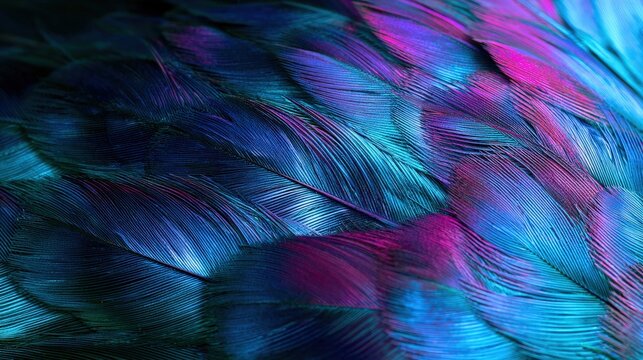 Macro close-up of iridescent bird feathers featuring vibrant blue and purple hues. Use this abstract nature texture for artistic backgrounds and luxury design projects.