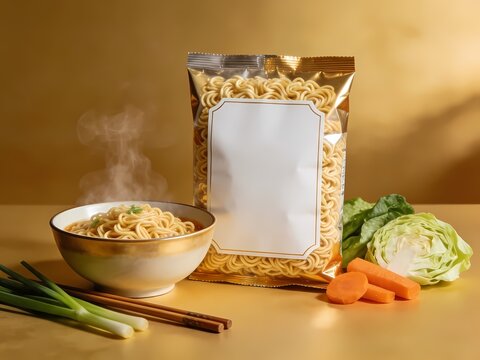 Instant noodle package with a bowl of hot cooked noodles, fresh cabbage, carrots, and green onions