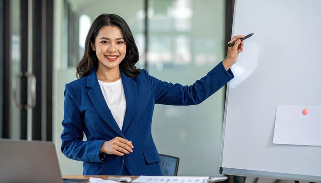 Professional corporate executive in blue suit pointing marker toward blank presentation board in modern glass office