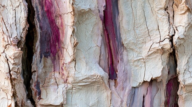 Extreme close-up of textured eucalyptus tree bark with vibrant purple and grey streaks. Perfect natural organic background for environmental and design projects.